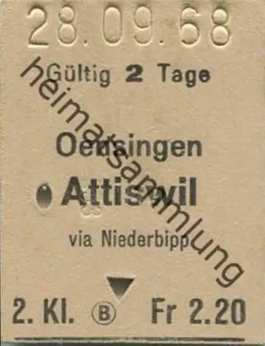 Schweiz - Oensingen Attiswil via Niederbipp - Fahrkarte 1/2 Taxe 1968