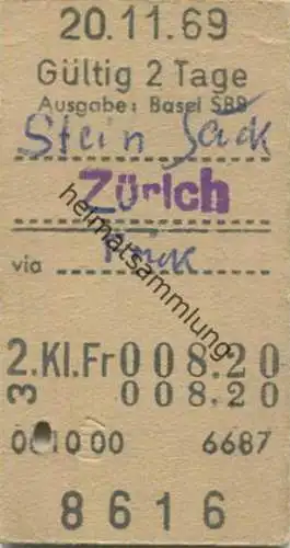 Schweiz - Stein-Säckingen Zürich via Frick - Fahrkarte 1969