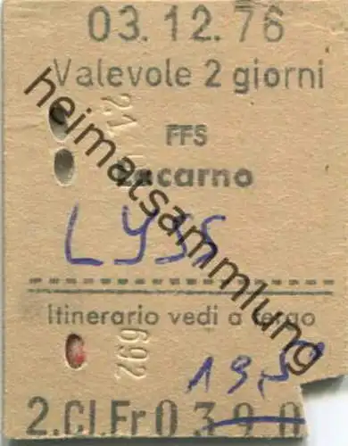 Schweiz - FFS Locarno Lyss - Fahrkarte 1/2 Taxe 1976