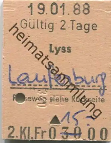Schweiz - Lyss Laufenburg - Fahrkarte 1/2 Taxe 1988