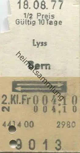Schweiz - Lyss Bern und zurück - Fahrkarte 1/2 Preis 1977