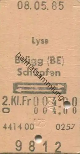 Schweiz - Lyss Brügg (BE) Schüpfen und zurück - Fahrkarte 1985