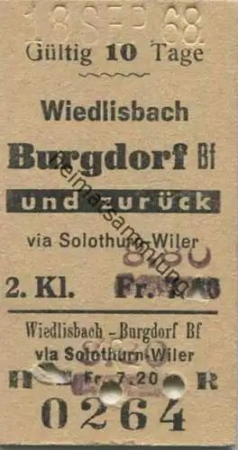 Schweiz - Wiedlisbach Burgdorf Bf und zurück via Solothurn-Wiler - Fahrkarte 1968