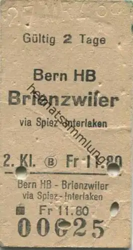 Schweiz - Bern HB Brienzwiler via Spiez Interlaken - Fahrkarte 1965