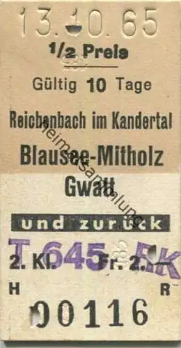 Schweiz - Reichenbach im Kandertal Blausee-Mitholz Gwatt und zurück - Fahrkarte 1/2 Preis 1965 Stempel: T645 RK