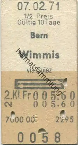 Schweiz - Bern Wimmis via Spiez und zurück - Fahrkarte 1/2 Preis 1971