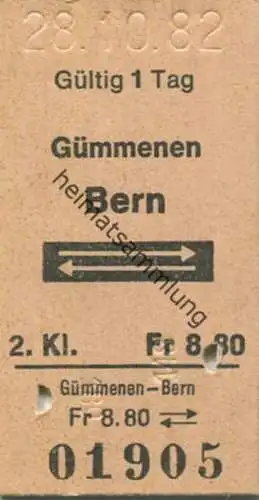 Schweiz - Gümmenen Bern und zurück - Fahrkarte 1982