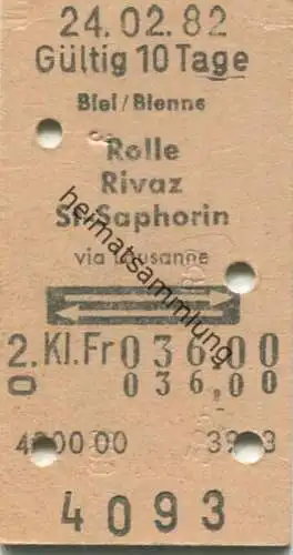Schweiz - Biel/Bienne Rolle Rivaz St-Saphorin via Lausanne und zurück - Fahrkarte 1982