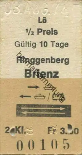 Schweiz - Lö Ringgenberg Brienz mit Schiff und Bahn - Fahrkarte 1974