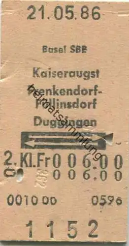 Schweiz - Basel SBB Kaiseraugst Frenkendorf-Füllinsdorf Duggingen und zurück - Fahrkarte 2. Kl. 1986