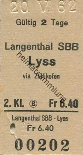 Schweiz - Langenthal SBB Lyss via Zollikofen - Fahrkarte 1962