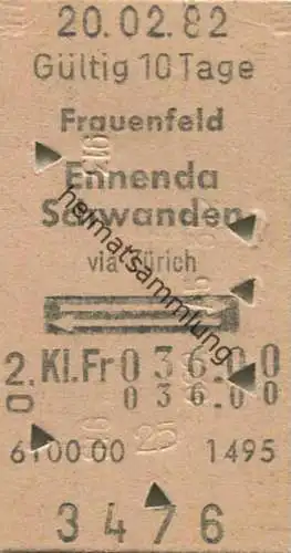 Schweiz - Frauenfeld Ennenda Schwanden via Zürich und zurück - Fahrkarte 1982