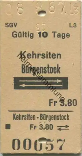 Schweiz - SGV Schifffahrtsgesellschaft des Vierwaldstättersees - Kehrsiten Bürgenstock und zurück - Fahrkarte 1967