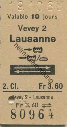 Schweiz - Vevey Lausanne und zurück mit Bahn und Schiff - Fahrkarte 1968