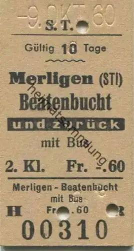 Schweiz - S.T.I. Merligen (STI) Beatenbucht und zurück mit Bus - Fahrkarte 1960