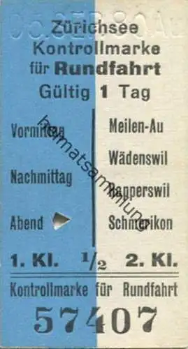 Schweiz - Zürichsee - Kontrollmarke für Rundfahrt - Fahrkarte 1988