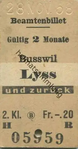 Schweiz - Beamtenbillet - Busswil Lyss und zurück - Fahrkarte 2. Kl. 1958