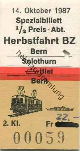 Schweiz - Herbstfahrt 1987 - Spezialbillet - Bern Solothurn Biel Bern mit Schiff und Bahn - Fahrkarte