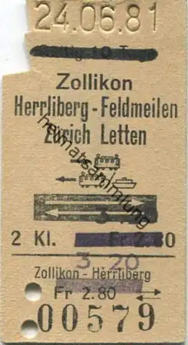 Schweiz - Zollikon Herrliberg-Feldmeilen Zürich Letten und zurück mit Bahn und Schiff - Fahrkarte 2. Kl. 1981