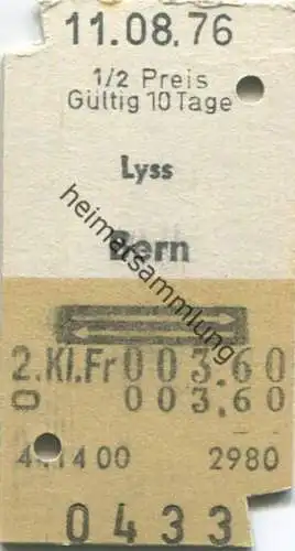Schweiz - Lyss Bern und zurück - Fahrkarte 2. Kl. 1976
