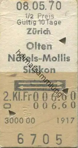 Schweiz - Zürich Olten Näfels-Mollis Sisikon und zurück - Fahrkarte 1/2 Preis 2. Kl. 1970