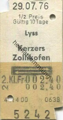 Schweiz - Lyss Kerzers Zollikofen und zurück - Fahrkarte 1/2 Preis 2. Kl. 1976