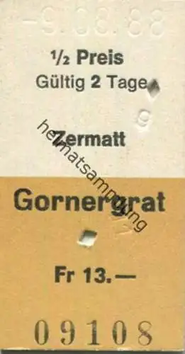 Schweiz - Gornergrat-Bahn - Zermatt Gornergrat - Fahrkarte 1988