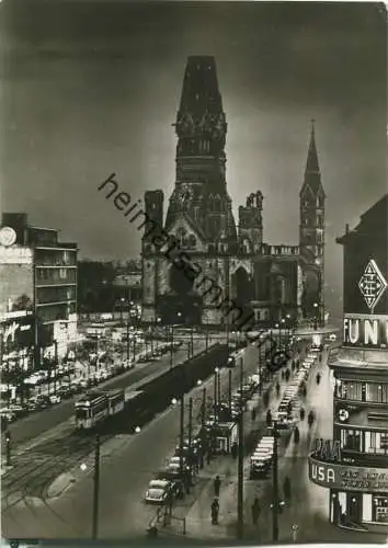 Berlin - Kurfürstendamm - Kaiser Wilhelm Gedächtniskirche - Nacht - Foto-Ansichtskarte 50er Jahre