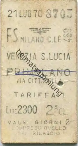 Italien - FS Milano Venezia S. Lucia - Biglietto Fahrkarte Cl. 2 1970