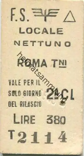 Italien - F.S. - Nettuno Roma - Biglietto Fahrkarte Cl. 2 1965