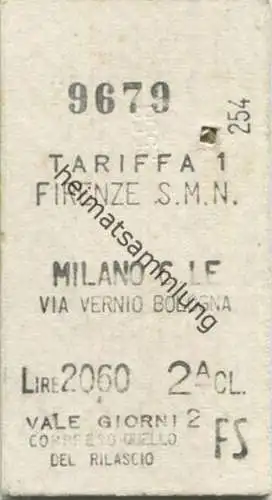 Italien - Firenze Milano via Vernio Bologna - Biglietto Fahrkarte Cl. 2 1959
