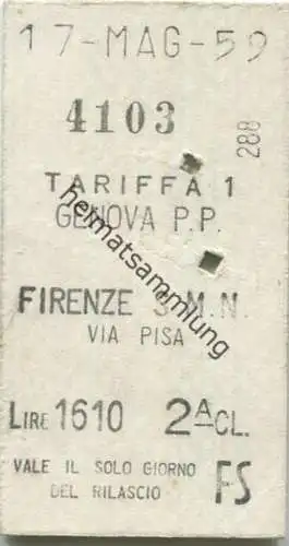 Italien - Genova Firenze via Pisa - Biglietto Fahrkarte Cl. 2 1959