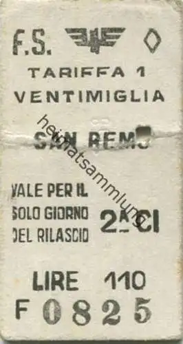 Italien - F.S. Ventimiglia San Remo - Biglietto Fahrkarte Cl. 2 1958