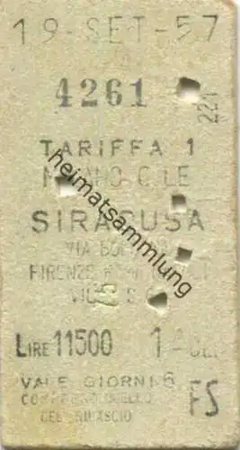 Italien - Milano Siracusa - Biglietto Fahrkarte Cl. 1 1957