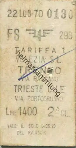Italien - FS Venezia Trento via Bassano  Trieste via Portogruaro - Biglietto Fahrkarte Cl. 2 1970