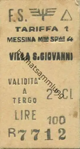 Italien - F.S. - Messina Villa S. Giovanni - Biglietto Fahrkarte Cl. 2 1968