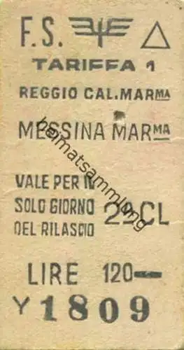 Italien - F.S. - Reggio Cal. Messina - Biglietto Fahrkarte Cl. 2 1963