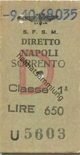 Italien - S.F.S.M. Diretto Napoli Sorrento - Biglietto Fahrkarte Classe 1 1968