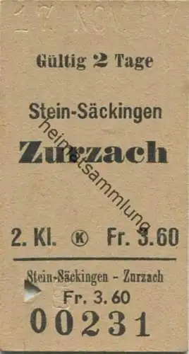 Schweiz - Stein-Säckingen Zurzach - Fahrkarte 1957