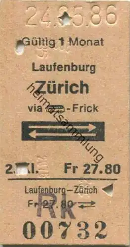 Schweiz - Laufenburg Zürich via Frick mit Postauto und zurück - Fahrkarte 1986