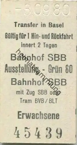 Schweiz - Transfer in Basel - Bahnhof SBB Ausstellung Grün 80 Bahnhof SBB mit Zug SBB oder Tram BVB/BLT - Fahrkarte 1980