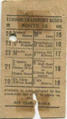 England - London Transport Buses Route 16 - Ticket - Fahrschein