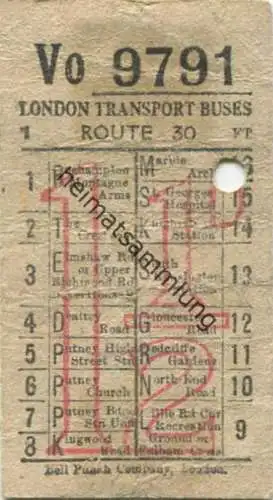 England - London Transport Buses Route 30 - Ticket - Fahrschein