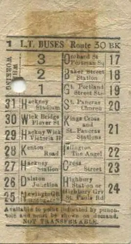 England - London Transport Buses Route 30 - Ticket - Fahrschein