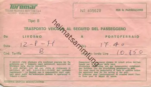 Italien - Transporto Veicolo al seguito del Passeggero - Livorno Portoferraio - Autofähre Fahrschein 1979