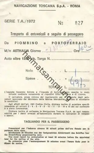 Italien - Transporte di antoveicoli a seguito di passeggero - Piombino a Portoferraio - Autofähre Fahrschein 1972
