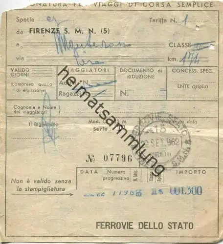 Italien - Ferrovie dello Stato - Firenze - da Firenze a Monterosso via Pisa - Fahrschein 1962