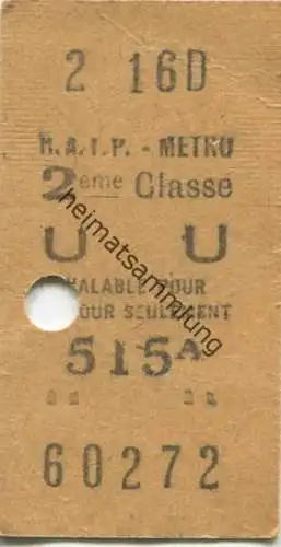 Frankreich - Paris - RATP Metro - 2me Classe - Billet Fahrkarte