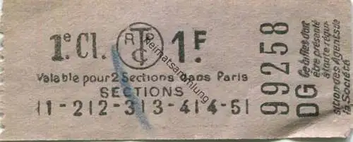 Frankreich - Paris - RTPC - Valable pour 2 Sections dans Paris - Fahrschein 1e. Cl. 1F