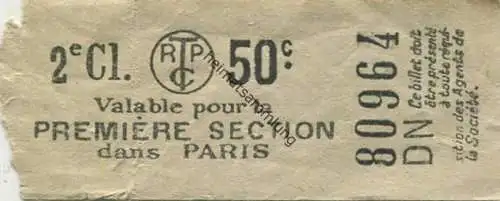 Frankreich - Paris - RTPC - Valable pour la Premiere Section dans Paris - Fahrschein 2e. Cl. 50c
